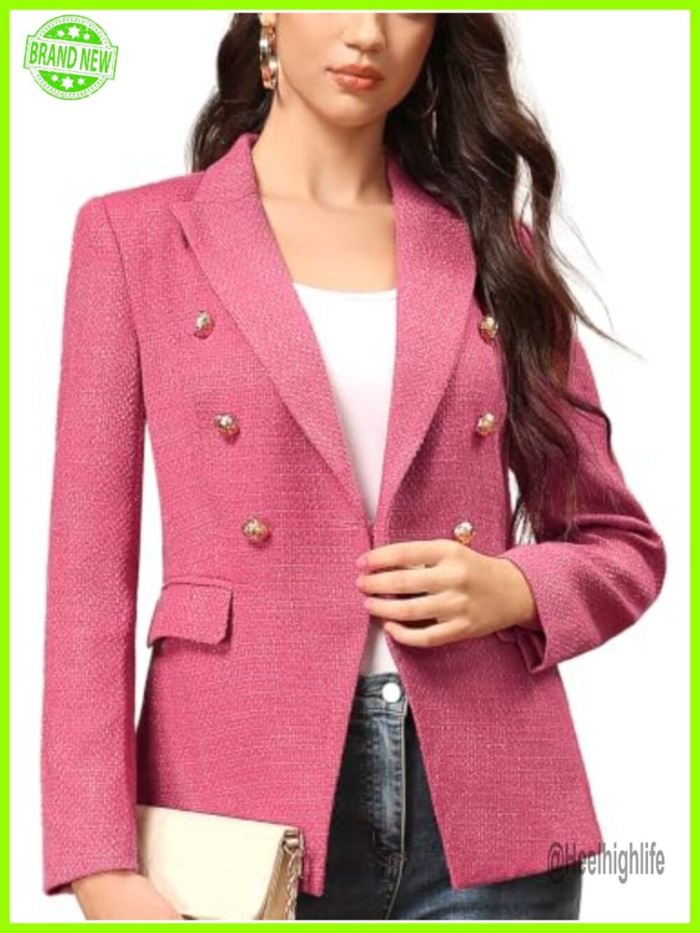Womens Double Breasted Tweed Blazer Peaked Lapel Business Casual